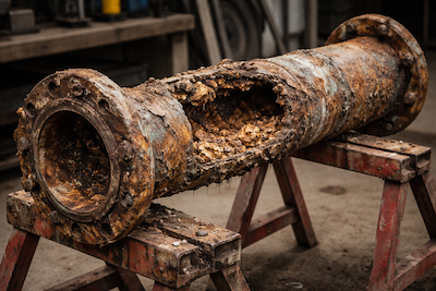 Ausgebautes, stark korrodiertes Frischwasserrohr, ein ausgeschnittener Abschnitt zeigt massive Rostbildung, Ablagerungen und Zersetzung im Inneren des Rohres zur Darstellung des Schadens bei Revisionsarbeiten.